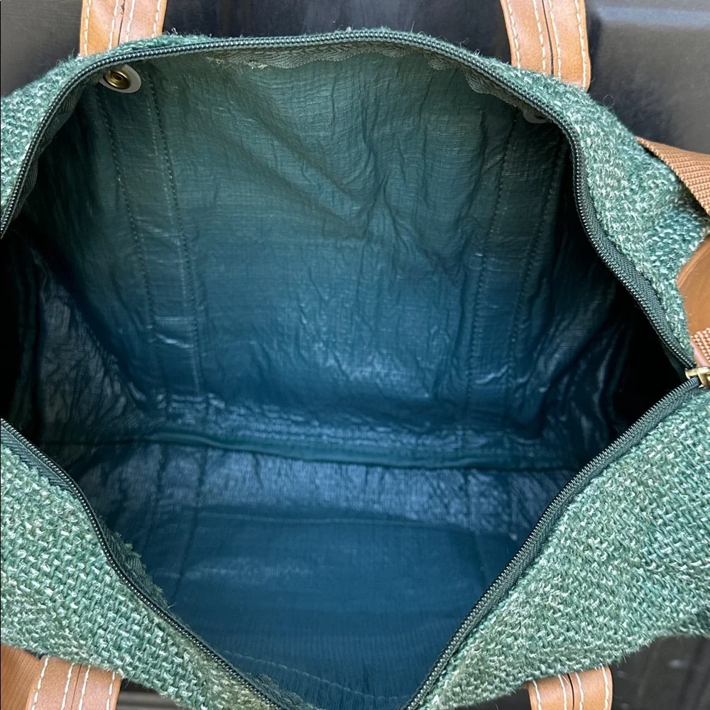 Oscar de La Renta Studio small duffel green tweed with tan straps & luggage tag
